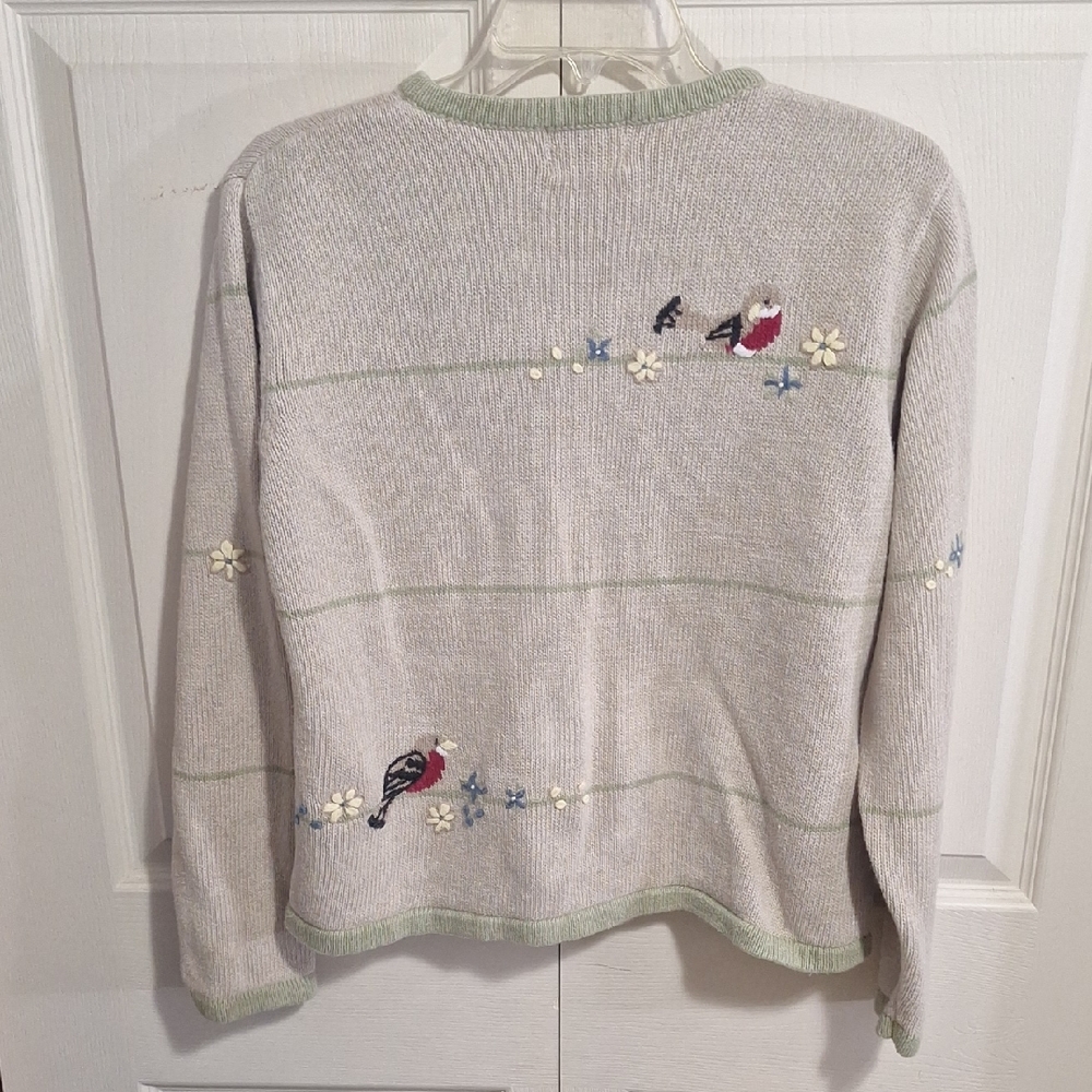 Christopher & Banks Embroidered Winter Bird Cardigan - Tan Sage Green Trim-L - Picture 3 of 6